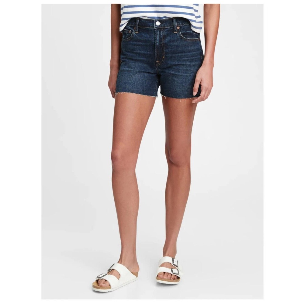 Gap Denim Womens 4'' High Rise Denim Shorts Size 10 Tall Washwell Dark Indigo